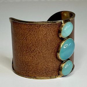 Brown Leather Cuff Bracelet, Brass with Turquoise Glass Stones, 2" wide